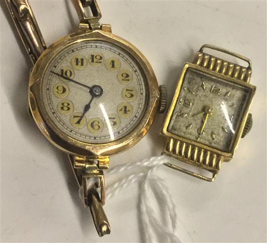 9ct gold ladies wristwatch, integral expanding bracelet & an Art Deco style watch stamped 18K (lacking strap)